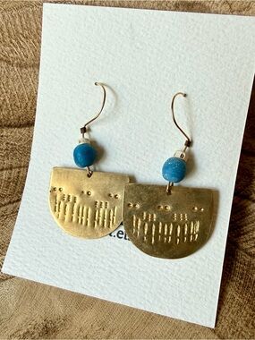 One of a kind Handcrafted Brass Half-Moon Earrings with African Blue Bead